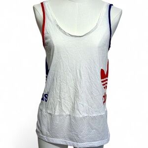 Women's White Adidas Tank with Red & Blue Logo + Mesh Hem Detail